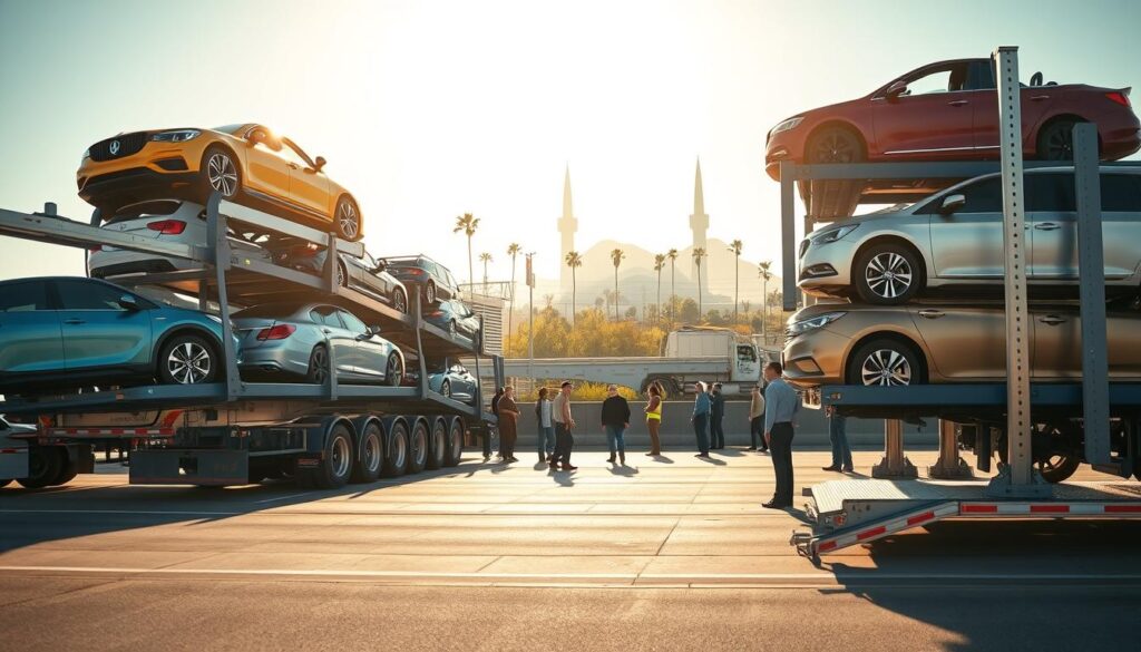 A bustling car transport scene illustrating vehicle shipping from DeSoto, TX to Los Angeles. In the foreground, a transport truck holds several colorful cars securely stacked, showcasing different models including sedans and SUVs. The middle layer features a well-organized logistics hub with workers dressed in professional attire, busy overseeing the loading process. In the background, a sun-drenched Los Angeles skyline with palm trees and hills creates a vibrant atmosphere, symbolizing destination and ambition. Soft sunlight casts warm tones over the entire scene, enhancing a sense of efficiency and professionalism. The angle is slightly elevated, capturing the scale of the operation while focusing on the vehicles and personnel, ensuring a clean, industrious feel without distractions.