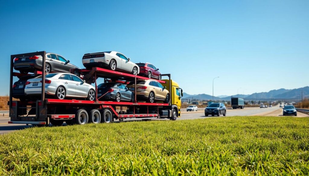 A bustling car transport scene on a sunny day, featuring a large, open car carrier truck loaded with a variety of vehicles, including sedans, SUVs, and a classic car, all securely fastened. In the foreground, vibrant green grass and pavement create a realistic setting, while the middle ground showcases the truck on a busy highway with other cars in motion. The background includes distant hills under a clear blue sky, suggesting the journey from North Richland Hills to Los Angeles. Soft natural lighting enhances the colors, creating a warm atmosphere. The scene conveys a sense of efficiency and professionalism in car shipping, with no people present, ensuring focus on the transport vehicles.