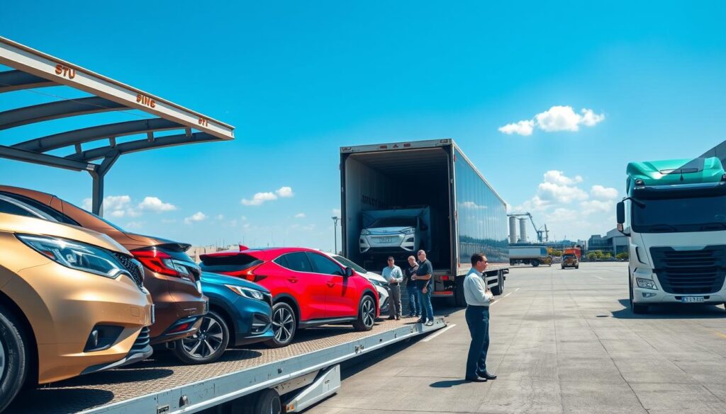 A bustling vehicle shipping yard in bright daylight, showcasing a variety of cars and trucks ready for transport. In the foreground, several vehicles are lined up on an elevated loading ramp, their vibrant colors gleaming under the sun. In the middle ground, a large transport truck backed up to the ramp, with workers in professional attire discussing logistics and guiding the loading process. The background features a clear blue sky with a few fluffy clouds and distant industrial buildings, capturing the essence of efficiency and organization in vehicle transport. The image is well-lit, highlighting the dynamic atmosphere of the shipping operation, with a slight angle from the side to give depth and perspective. A bustling vehicle shipping yard in bright daylight, showcasing a variety of cars and trucks ready for transport. In the foreground, several vehicles are lined up on an elevated loading ramp, their vibrant colors gleaming under the sun. In the middle ground, a large transport truck backed up to the ramp, with workers in professional attire discussing logistics and guiding the loading process. The background features a clear blue sky with a few fluffy clouds and distant industrial buildings, capturing the essence of efficiency and organization in vehicle transport. The image is well-lit, highlighting the dynamic atmosphere of the shipping operation, with a slight angle from the side to give depth and perspective.