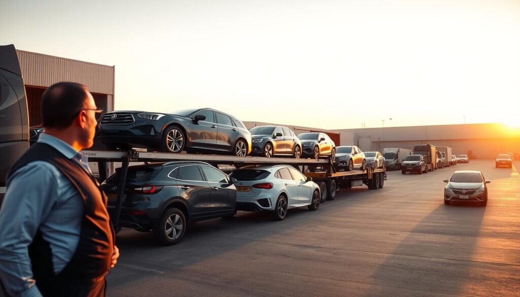 A bustling vehicle transport yard at sunset, showcasing a variety of cars being loaded onto a transport truck. In the foreground, a technician in professional attire is inspecting the vehicles, highlighting the care involved in the shipping process. The middle ground features a modern car carrier truck, with several sedans and SUVs securely loaded, emphasizing the logistics of vehicle transport. In the background, a warehouse and vast open space convey a sense of scale and efficiency in the operation. Soft, warm lighting casts long shadows, adding to the atmosphere of a late afternoon. The scene captures the organized chaos of vehicle transport, reflecting professionalism and reliability in the shipping process. A bustling vehicle transport yard at sunset, showcasing a variety of cars being loaded onto a transport truck. In the foreground, a technician in professional attire is inspecting the vehicles, highlighting the care involved in the shipping process. The middle ground features a modern car carrier truck, with several sedans and SUVs securely loaded, emphasizing the logistics of vehicle transport. In the background, a warehouse and vast open space convey a sense of scale and efficiency in the operation. Soft, warm lighting casts long shadows, adding to the atmosphere of a late afternoon. The scene captures the organized chaos of vehicle transport, reflecting professionalism and reliability in the shipping process.