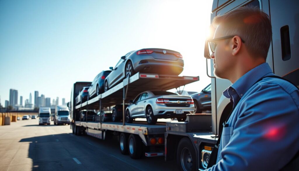 A busy auto transport hub during daylight, focusing on a large, modern car carrier truck loading vehicles. In the foreground, a professional driver in casual business attire is overseeing the loading process, ensuring vehicles are securely placed. The middle ground features various cars and trucks being carefully driven onto the carrier, showcasing a diversity of makes and models. The background includes a clear blue sky and the silhouette of a city, symbolizing the journey from Paris, TX to Los Angeles, creating a sense of movement and purpose. The scene is bathed in natural light, with a slight lens flare that adds warmth, evoking a sense of trust and professionalism in the auto transport process. A busy auto transport hub during daylight, focusing on a large, modern car carrier truck loading vehicles. In the foreground, a professional driver in casual business attire is overseeing the loading process, ensuring vehicles are securely placed. The middle ground features various cars and trucks being carefully driven onto the carrier, showcasing a diversity of makes and models. The background includes a clear blue sky and the silhouette of a city, symbolizing the journey from Paris, TX to Los Angeles, creating a sense of movement and purpose. The scene is bathed in natural light, with a slight lens flare that adds warmth, evoking a sense of trust and professionalism in the auto transport process.