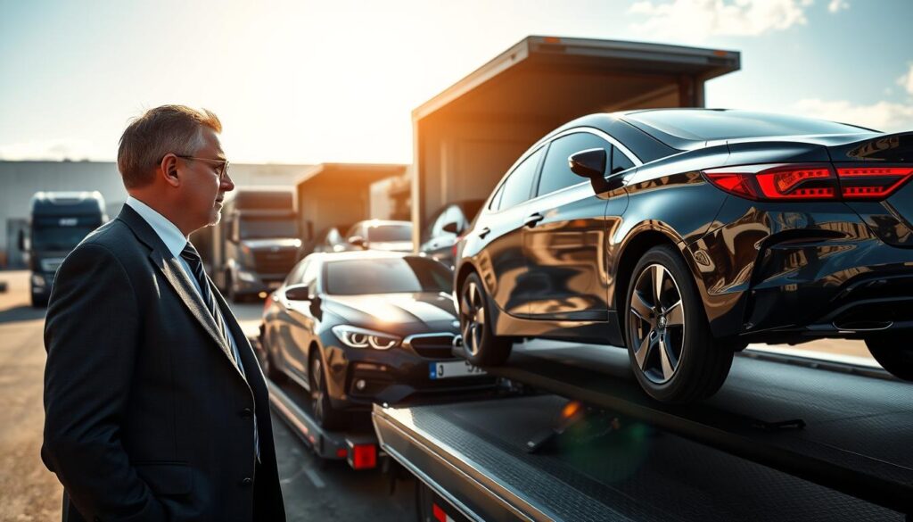 A busy auto transport process scene set at a modern car shipping facility. In the foreground, a professional gentleman in a suit inspects a shiny, well-maintained car on a car hauler. In the middle, several trucks are parked, ready to be loaded with vehicles for shipment, showcasing various cars with clear branding. The background features a well-organized loading dock with workers efficiently preparing vehicles for transport, under a bright sunny sky that creates a vibrant atmosphere. The lighting is natural, emphasizing the glossy finishes of the cars. A slight depth of field blurs the background, focusing attention on the process. The overall mood is dynamic and professional, reflecting the logistics and care involved in auto transport.
