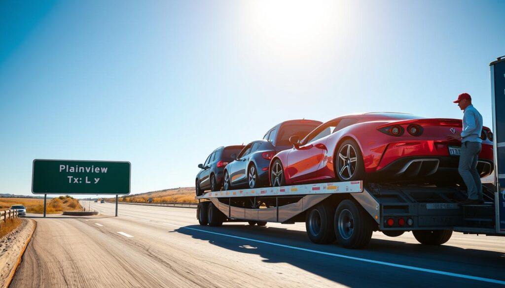 A busy auto transport scene showcasing a professional car shipping service, with a bright blue sky in the background and a vibrant Texas landscape. In the foreground, a sleek, modern truck transporter loaded with various cars, including a shiny red sports car and a classic blue sedan, is parked on a smooth highway. An attentive driver in a crisp uniform is inspecting the shipment. In the middle ground, a well-maintained road sign reading "Plainview TX" can be seen, indicating the starting point of the journey. The atmosphere is clear and energetic, emphasizing reliability and safety in transporting vehicles. The image should capture warm sunlight casting gentle shadows, with a focus on the transport truck, creating a sense of motion and dependability. A busy auto transport scene showcasing a professional car shipping service, with a bright blue sky in the background and a vibrant Texas landscape. In the foreground, a sleek, modern truck transporter loaded with various cars, including a shiny red sports car and a classic blue sedan, is parked on a smooth highway. An attentive driver in a crisp uniform is inspecting the shipment. In the middle ground, a well-maintained road sign reading "Plainview TX" can be seen, indicating the starting point of the journey. The atmosphere is clear and energetic, emphasizing reliability and safety in transporting vehicles. The image should capture warm sunlight casting gentle shadows, with a focus on the transport truck, creating a sense of motion and dependability.