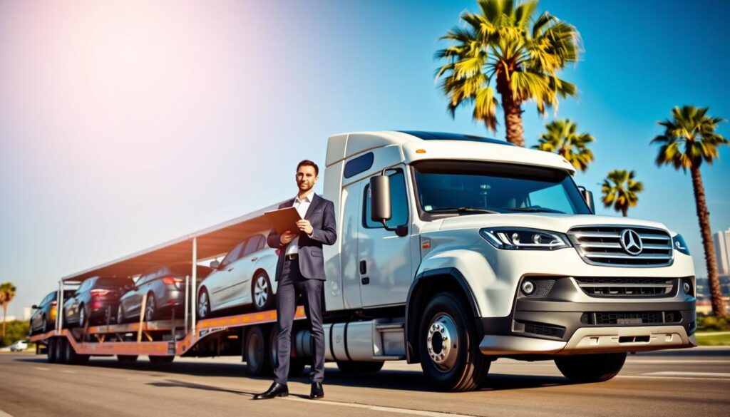 A busy auto transport service scene showcasing a modern car carrier truck loaded with vehicles, positioned prominently in the foreground. In the middle ground, a professional transport coordinator, dressed in business attire, oversees the loading process while holding a clipboard, exuding confidence and organization. The background features a clear blue sky and palm trees indicative of a Los Angeles setting, with the distant silhouette of a city skyline. Soft sunlight illuminates the scene, creating a warm and inviting atmosphere, enhancing the reliability and professionalism of the service. The perspective should be slightly angled to capture both the truck in detail and the bustling activity of auto transport in motion, conveying efficiency and trust. A busy auto transport service scene showcasing a modern car carrier truck loaded with vehicles, positioned prominently in the foreground. In the middle ground, a professional transport coordinator, dressed in business attire, oversees the loading process while holding a clipboard, exuding confidence and organization. The background features a clear blue sky and palm trees indicative of a Los Angeles setting, with the distant silhouette of a city skyline. Soft sunlight illuminates the scene, creating a warm and inviting atmosphere, enhancing the reliability and professionalism of the service. The perspective should be slightly angled to capture both the truck in detail and the bustling activity of auto transport in motion, conveying efficiency and trust.
