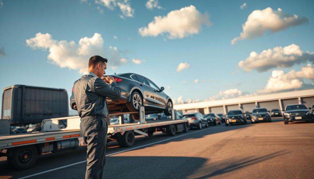 A busy auto transport yard featuring a modern car carrier truck loading vehicles for shipment. In the foreground, a professional driver in a neat uniform inspects and secures a car on the truck, demonstrating careful handling. The middle ground showcases multiple cars, including sedans and SUVs, lined up ready for transport, with a backdrop of other carriers waiting to load. The scene is bathed in soft afternoon light, casting long shadows and creating a sense of activity. In the background, a clear blue sky with fluffy white clouds enhances the tranquil yet industrious atmosphere. The image captures the essence of the auto transport process, emphasizing safety, efficiency, and professionalism. A busy auto transport yard featuring a modern car carrier truck loading vehicles for shipment. In the foreground, a professional driver in a neat uniform inspects and secures a car on the truck, demonstrating careful handling. The middle ground showcases multiple cars, including sedans and SUVs, lined up ready for transport, with a backdrop of other carriers waiting to load. The scene is bathed in soft afternoon light, casting long shadows and creating a sense of activity. In the background, a clear blue sky with fluffy white clouds enhances the tranquil yet industrious atmosphere. The image captures the essence of the auto transport process, emphasizing safety, efficiency, and professionalism.