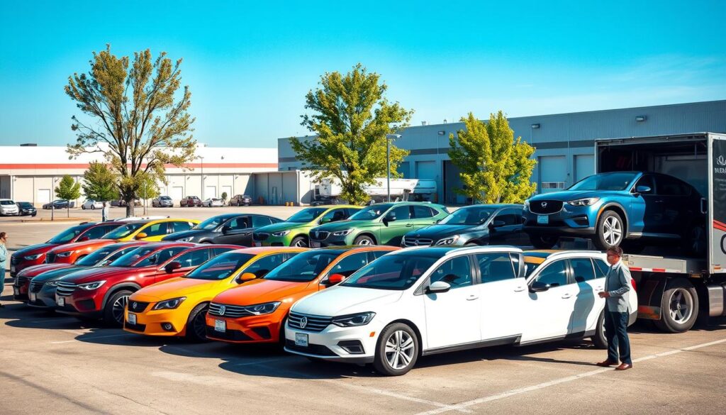 A busy car shipping terminal in East Grand Rapids, Michigan. In the foreground, several brightly colored cars are lined up neatly on a large, well-organized transport truck, showcasing a range of vehicles from sedans to SUVs. In the middle ground, a few workers in professional business attire are inspecting the vehicles and preparing them for shipment, conveying a sense of efficiency and care. The background features a clear blue sky, a modern facility with expansive warehouses, and a few trees that reflect the local environment. Soft, natural lighting enhances the scene, with shadows creating depth. The mood is professional and industrious, highlighting the logistics and care involved in car shipping and auto transport.