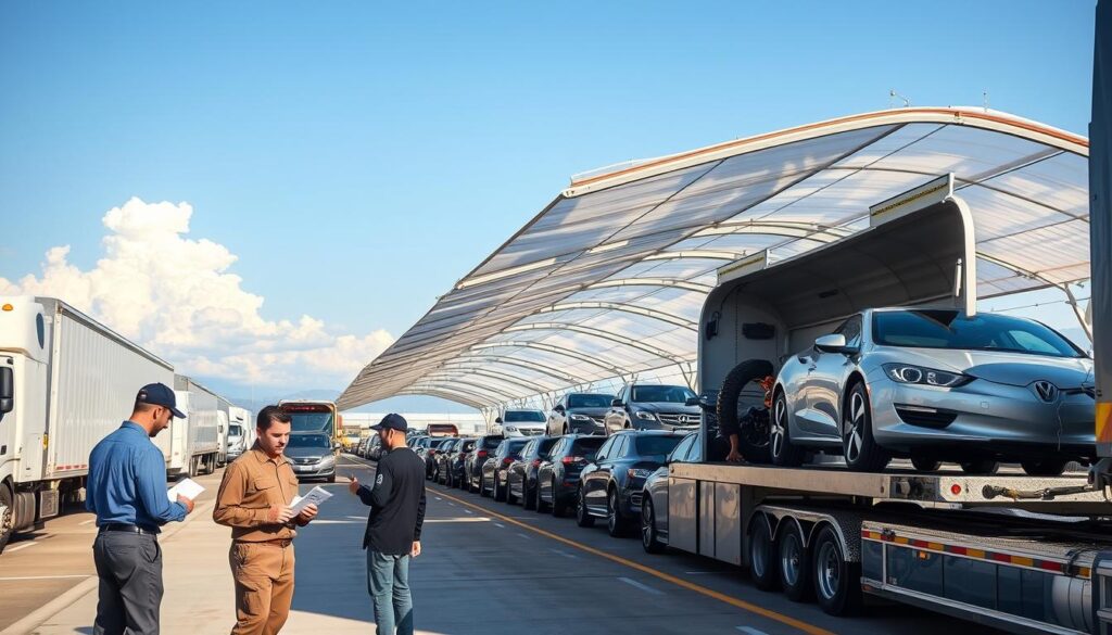 A busy car shipping terminal set in Denton, Texas, featuring multiple car transport trailers lined up to load vehicles. In the foreground, a work crew in professional attire examines a vehicle, with one employee holding a clipboard and another adjusting a car on a trailer. The middle ground includes rows of parked cars ready for shipment, with a large transparent tent overhead allowing diffused natural light to flood the scene. The background showcases a clear blue sky with a few fluffy clouds, hinting at Southern California in the distance. The atmosphere is purposeful and industrious, emphasizing the efficiency of auto transport services. Use a wide-angle lens to capture the vibrancy of the terminal, and ensure the lighting highlights the metallic surfaces of the vehicles and trailers. A busy car shipping terminal set in Denton, Texas, featuring multiple car transport trailers lined up to load vehicles. In the foreground, a work crew in professional attire examines a vehicle, with one employee holding a clipboard and another adjusting a car on a trailer. The middle ground includes rows of parked cars ready for shipment, with a large transparent tent overhead allowing diffused natural light to flood the scene. The background showcases a clear blue sky with a few fluffy clouds, hinting at Southern California in the distance. The atmosphere is purposeful and industrious, emphasizing the efficiency of auto transport services. Use a wide-angle lens to capture the vibrancy of the terminal, and ensure the lighting highlights the metallic surfaces of the vehicles and trailers.