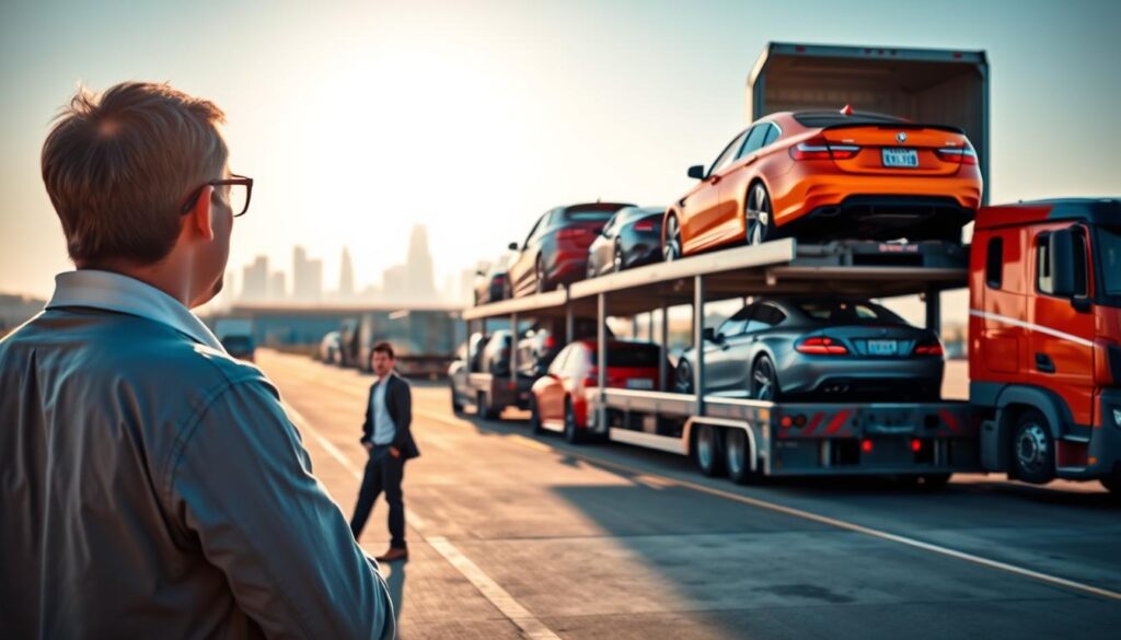 A busy car shipping yard with several brightly colored cars loaded onto a multi-car transport truck, showcasing professional logistics. In the foreground, an expert shipping coordinator in business attire inspects vehicles, ensuring quality control. The middle ground includes a line of transport trucks, each carefully loaded with vehicles in pristine condition, highlighting efficiency and organization in car shipping services. In the background, a clear blue sky creates a warm, inviting atmosphere, with the silhouette of distant city landmarks hinting at the journey from Keller, TX to Los Angeles. Soft sunlight bathes the scene, emphasizing a sense of professionalism and reliability in the car shipping industry. Focus on the details of the vehicles and the landscape, capturing the essence of affordable, trustworthy car transport.