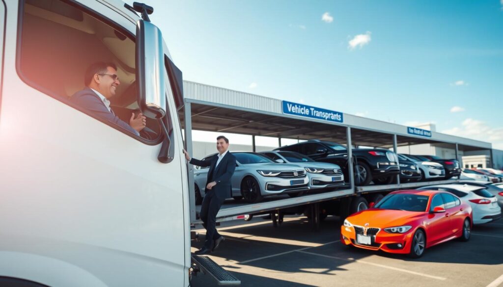 A busy transport hub showcasing a variety of vehicles ready for shipping, emphasizing professionalism and friendly service. In the foreground, a well-maintained car carrier truck is loading vehicles, with a driver dressed in smart business attire, smiling as they assist customers. The middle ground features neatly arranged cars, including sedans and SUVs, all in pristine condition with bright, friendly colors. The background presents a clear, sunny sky with minimal clouds, casting soft shadows, creating a welcoming atmosphere. Natural light enhances the scene, making the colors pop. The setting includes signage pertaining to vehicle transport services, while maintaining a clean and organized look to convey reliability and professionalism. The angle captures the bustling activity, ensuring a sense of trust and efficiency. A busy transport hub showcasing a variety of vehicles ready for shipping, emphasizing professionalism and friendly service. In the foreground, a well-maintained car carrier truck is loading vehicles, with a driver dressed in smart business attire, smiling as they assist customers. The middle ground features neatly arranged cars, including sedans and SUVs, all in pristine condition with bright, friendly colors. The background presents a clear, sunny sky with minimal clouds, casting soft shadows, creating a welcoming atmosphere. Natural light enhances the scene, making the colors pop. The setting includes signage pertaining to vehicle transport services, while maintaining a clean and organized look to convey reliability and professionalism. The angle captures the bustling activity, ensuring a sense of trust and efficiency.