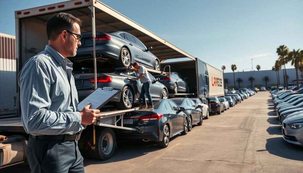A busy vehicle transport yard during the daytime, showcasing a streamlined loading process where cars are being loaded onto a car carrier truck. In the foreground, a professional-looking man in business attire oversees the operation, clipboard in hand, while a worker carefully secures a shiny sedan onto the trailer. In the middle ground, rows of various vehicles await transport, with a few close-up views of the diverse makes and models. The background depicts a large storage area with clear skies and palm trees, hinting at the journey from Snyder, TX to Los Angeles. The scene is well-lit with natural sunlight, casting soft shadows, and conveys a sense of efficiency and professionalism in the vehicle transport process. The angle is slightly elevated for a comprehensive view. A busy vehicle transport yard during the daytime, showcasing a streamlined loading process where cars are being loaded onto a car carrier truck. In the foreground, a professional-looking man in business attire oversees the operation, clipboard in hand, while a worker carefully secures a shiny sedan onto the trailer. In the middle ground, rows of various vehicles await transport, with a few close-up views of the diverse makes and models. The background depicts a large storage area with clear skies and palm trees, hinting at the journey from Snyder, TX to Los Angeles. The scene is well-lit with natural sunlight, casting soft shadows, and conveys a sense of efficiency and professionalism in the vehicle transport process. The angle is slightly elevated for a comprehensive view.