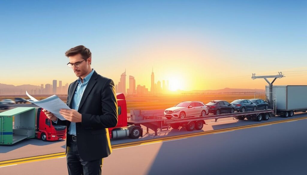 A clear and informative illustration of the car transport process. In the foreground, depict a professional, well-dressed logistics coordinator inspecting documents and planning routes at a busy shipping terminal. The middle layer features a variety of transport vehicles, including a car carrier trailer loaded with vehicles, emphasizing efficiency in loading and unloading. The background shows a sunlit skyline of Los Angeles, with a horizon that includes iconic landmarks, blending with an image of Beeville's landscape at dawn, suggesting the journey's start. Use bright, natural lighting to create an optimistic atmosphere, with a slight depth of field to focus on the coordinator and vehicles while blurring the distant background.