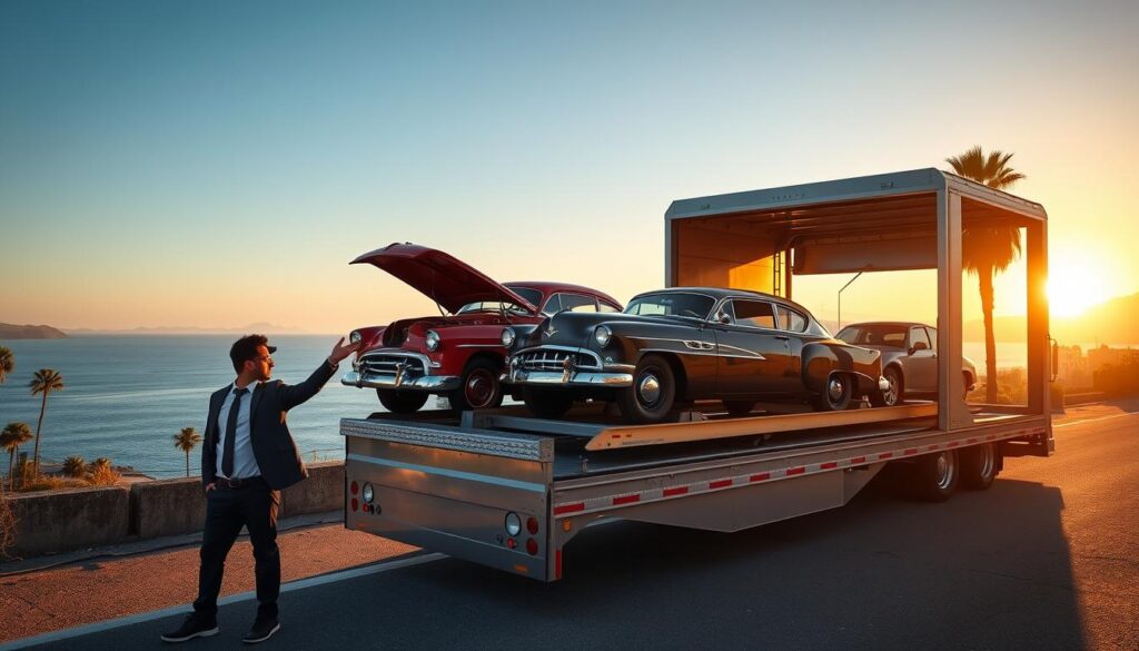 A dependable car transport scene featuring a shiny transport truck loaded with vintage cars, parked at a scenic vista overlooking the California coastline. In the foreground, the truck driver, a professional in smart casual attire, inspects the vehicles with approval. The middle of the image shows the truck presenting its bright colors and intricate details, showcasing the precision of auto transport services. In the background, a stunning sunset bathes the ocean in golden hues, with silhouettes of palm trees and distant mountains, suggesting a journey from Castroville, TX to Los Angeles. The lighting is warm and inviting, casting soft shadows that enhance the peaceful atmosphere of reliable car shipping services. The angle is slightly elevated, giving a panoramic view of the scene, inviting optimism and trust in transportation.