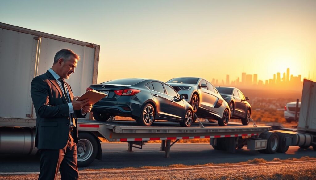 A detailed auto transport scene depicting the car shipping process from Fredericksburg, TX to Los Angeles. In the foreground, a professional logistics personnel in business attire examines a clipboard next to a large truck trailer loaded with vehicles. In the middle ground, several cars are carefully parked on the trailer, showcasing a variety of makes and models, illustrating proper loading techniques. In the background, a serene Texas landscape transitions into a bustling California skyline. The scene is bathed in warm, golden hour lighting, creating a trusting and reliable atmosphere. Capture this moment at eye level with a slight wide-angle to enhance the depth of the transport process while keeping focus on the details of both the vehicles and the logistics personnel.