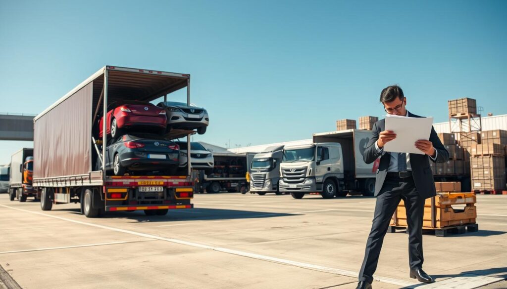 A detailed auto transport scene illustrating the car shipping process. In the foreground, a professional-looking car transport truck loaded with vehicles, showcasing various cars of different colors secured and ready for shipment. In the middle ground, a logistics coordinator in business attire examines shipping documents, emphasizing professionalism and attention to detail. The background features a busy transportation yard with other trucks and crates, under a clear blue sky, symbolizing a sunny day. The lighting should be bright and natural, enhancing the fresh atmosphere of efficiency and reliability. The entire composition should evoke a sense of trust and clarity, reflecting the systematic steps involved in the car shipping process.