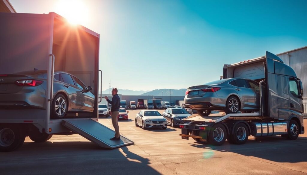 A detailed auto transport scene set in a sunny industrial yard. In the foreground, a car being loaded onto a modern car carrier truck, showcasing the careful handling of the vehicle by a professional in a uniform. In the middle ground, various vehicles are parked, some waiting to be shipped, while others are being unloaded, emphasizing a busy transport operation. The background features a clear blue sky, with distant mountains to hint at the journey from Floresville, TX to Los Angeles. The lighting is bright and vibrant, casting soft shadows, enhancing the sense of activity and reliability. The atmosphere is efficient and organized, conveying a sense of professionalism in the auto transport process. A detailed auto transport scene set in a sunny industrial yard. In the foreground, a car being loaded onto a modern car carrier truck, showcasing the careful handling of the vehicle by a professional in a uniform. In the middle ground, various vehicles are parked, some waiting to be shipped, while others are being unloaded, emphasizing a busy transport operation. The background features a clear blue sky, with distant mountains to hint at the journey from Floresville, TX to Los Angeles. The lighting is bright and vibrant, casting soft shadows, enhancing the sense of activity and reliability. The atmosphere is efficient and organized, conveying a sense of professionalism in the auto transport process.
