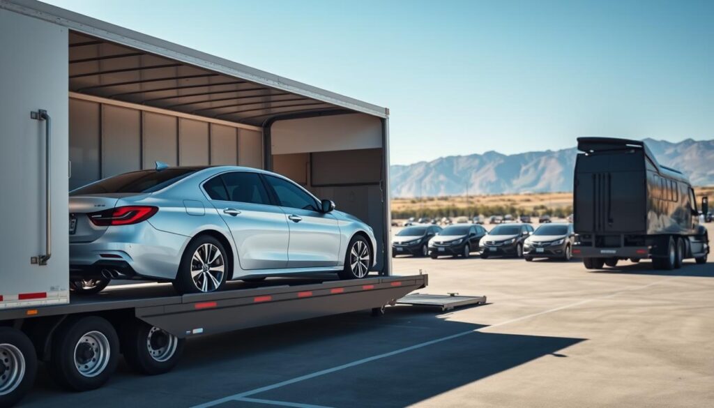 A detailed auto transport scene showcasing a modern car carrier truck loading vehicles in an open transport yard under bright daylight. In the foreground, a sleek sedan is being gently driven onto an open car trailer, with the transport truck prominently displayed, showcasing its clean, professional design. In the middle ground, other cars are lined up, creating a sense of organized efficiency. The background features a clear blue sky and distant mountains, emphasizing the journey from Ennis, TX to Los Angeles. The lighting is bright and even, suggesting a warm, optimistic atmosphere. The mood is one of professionalism and reliability, reflecting the seamless auto transport process. No human subjects are present, ensuring a focus on the machinery and transport elements.
