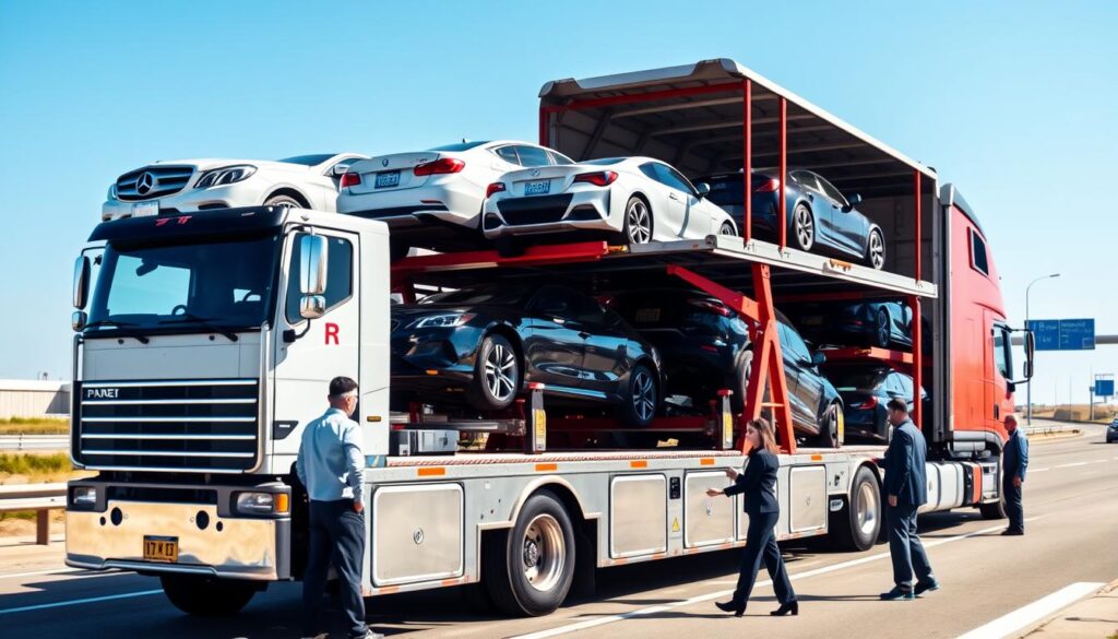 A detailed depiction of the auto transport process, showcasing a car carrier truck in the foreground, loaded with multiple vehicles securely fastened. In the middle ground, a typical auto transport terminal with workers dressed in professional business attire coordinating shipments, inspecting cars, and guiding vehicles onto the carrier. The background features a clear blue sky and an open highway, symbolizing the journey from Haltom City to Los Angeles. The lighting is bright and natural, suggesting a sunny day, while the angle is slightly elevated to provide a comprehensive view of the entire scene. The mood is professional and dynamic, highlighting the efficiency and reliability of the car shipping industry.