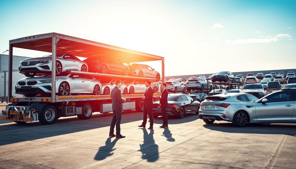A detailed depiction of the auto transport process, showcasing a large, professional car carrier truck loaded with several cars, positioned prominently in the foreground. In the middle ground, a team of two individuals in professional business attire inspects the vehicles and discusses transportation logistics, capturing a sense of careful planning and efficiency. The background features a sunny, clear sky above a bustling loading yard filled with various vehicles waiting for shipment. The scene is well-lit, creating a vibrant and professional atmosphere, emphasizing reliability and trust in the auto transport process. Use a wide-angle lens to capture the entire scene, ensuring depth and focus on the intricate details of the cars and the transportation environment. A detailed depiction of the auto transport process, showcasing a large, professional car carrier truck loaded with several cars, positioned prominently in the foreground. In the middle ground, a team of two individuals in professional business attire inspects the vehicles and discusses transportation logistics, capturing a sense of careful planning and efficiency. The background features a sunny, clear sky above a bustling loading yard filled with various vehicles waiting for shipment. The scene is well-lit, creating a vibrant and professional atmosphere, emphasizing reliability and trust in the auto transport process. Use a wide-angle lens to capture the entire scene, ensuring depth and focus on the intricate details of the cars and the transportation environment.