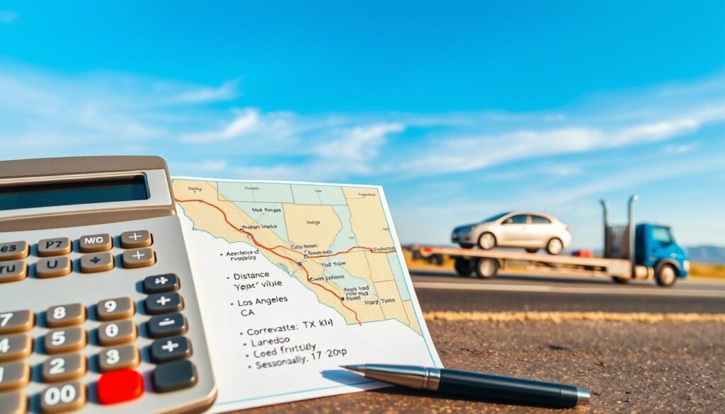 A detailed flat lay scene showcasing the average costs of car shipping services depicted through a variety of items. In the foreground, a calculator displays numbers representing pricing, alongside a notepad with pricing factors like distance, type of vehicle, and seasonality written down. In the middle, a vibrant map showing the route from Laredo, TX to Los Angeles, CA, with highlighted key stops. In the background, a car carrier is positioned on an open road, symbolizing transport, under a clear blue sky with soft, diffused sunlight for a welcoming mood. The overall atmosphere should feel informative yet approachable, aimed at potential customers seeking car shipping services. Employ a slightly elevated angle to capture all layers effectively, maintaining a professional appearance throughout without any text or branding. A detailed flat lay scene showcasing the average costs of car shipping services depicted through a variety of items. In the foreground, a calculator displays numbers representing pricing, alongside a notepad with pricing factors like distance, type of vehicle, and seasonality written down. In the middle, a vibrant map showing the route from Laredo, TX to Los Angeles, CA, with highlighted key stops. In the background, a car carrier is positioned on an open road, symbolizing transport, under a clear blue sky with soft, diffused sunlight for a welcoming mood. The overall atmosphere should feel informative yet approachable, aimed at potential customers seeking car shipping services. Employ a slightly elevated angle to capture all layers effectively, maintaining a professional appearance throughout without any text or branding.