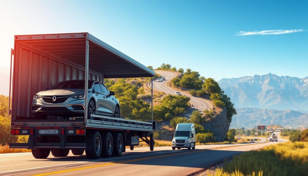 A detailed illustration of a vehicle transport network connecting Wichita Falls and Los Angeles. In the foreground, depict a professional car shipping truck, prominently displaying vehicles securely loaded in an open container. In the middle layer, illustrate a winding highway surrounded by lush green landscapes and energy-efficient commercial vehicles on the road, symbolizing seamless transportation. The background should feature distant mountains under a bright blue sky, enhancing the expansive feel of the route. The lighting is warm and inviting, suggesting a sunny day ideal for car shipping. Utilize a slightly elevated angle to capture the full scope of the transport network, conveying efficiency and reliability. The mood is professional yet approachable, encapsulating the essence of hassle-free car shipping services.