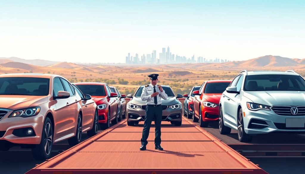A detailed illustration of a vehicle transport scene, showcasing a car shipping process from Stephenville, TX to Los Angeles. In the foreground, a row of diverse vehicles, including sedans and SUVs, neatly lined on an open car carrier truck, their vibrant colors contrasting against a clear blue sky. In the middle ground, a professional transport driver, dressed in a neat uniform, is inspecting the vehicles with focused attention. The background features a picturesque landscape, with rolling hills and a distant city skyline representing Los Angeles. Soft, warm lighting captures the essence of a sunny day, emphasizing the smooth, efficient transport process. The overall mood is one of professionalism and reliability, reflecting a seamless vehicle shipping experience.