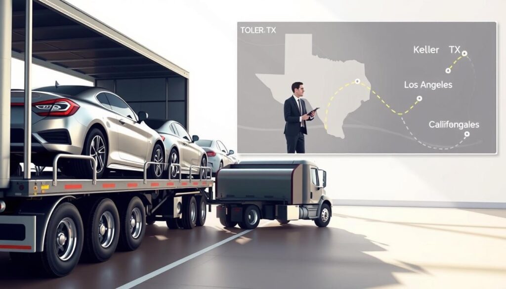 A detailed illustration of the auto transport process, highlighting the journey of a car from Keller, TX to Los Angeles. In the foreground, a state-of-the-art car carrier truck loaded with vehicles, showcasing various car models in a secure arrangement. In the middle ground, an office scene with a professional, business-attired logistics coordinator discussing shipment details with a client, highlighting the communication aspect of the process. The background features a map with Texas and California highlighted, signaling the route of transport. Soft, natural lighting creates an informative yet inviting atmosphere. Capture the scene from a slightly elevated angle for a comprehensive view, emphasizing organization and professionalism in the auto transport industry. The mood is collaborative and efficient, aiming to demystify the logistics behind car shipping.
