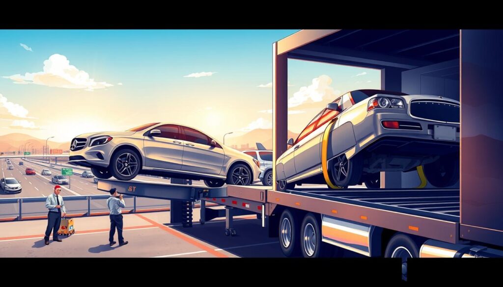 A detailed illustration of the vehicle transport process, depicting a transport truck in the foreground, loading vehicles on a ramp. The truck is shiny and well-maintained, showcasing a fleet of diverse cars, including a sedan, an SUV, and a classic car, all secured with straps. In the middle ground, a busy transport terminal is visible with workers in professional attire conducting inspections, checking paperwork, and preparing vehicles for shipment. The background features a sunny sky with a distant view of highways leading to Los Angeles. The lighting is bright yet soft, highlighting the chrome and colors of the vehicles. The overall mood is efficient and organized, conveying a sense of reliability and professionalism in vehicle shipping.