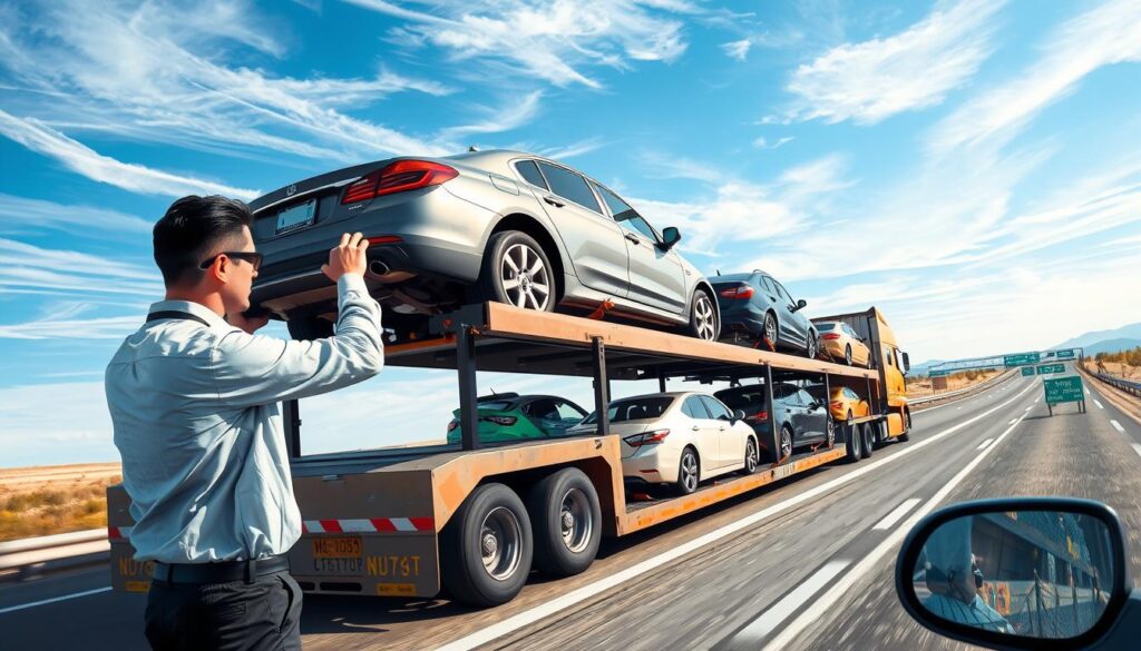 A detailed illustration of the vehicle transport process set against the backdrop of a bustling highway. In the foreground, a professional person in business attire is inspecting a car on a transport truck, ensuring the vehicle is secured. In the middle, the transport truck is loaded with several cars, showcasing a variety of makes and models, each secured with straps. The background features a clear blue sky with wispy clouds, and a distant view of road signs marking the route from Kerrville, TX to Los Angeles. The scene is well-lit by natural sunlight, conveying a sense of efficiency and professionalism. The angle is slightly elevated, providing an overview of the transport process, emphasizing organized logistics. The mood is dynamic, illustrating the hustle of vehicle shipping.