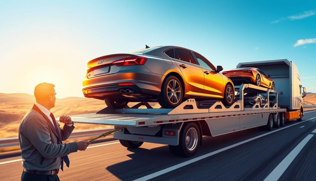 A detailed illustration of the vehicle transport process, showcasing a car being loaded onto an open car carrier. In the foreground, a professional driver in business attire carefully secures the vehicle with straps. The middle layer features the car hauler, a sleek, metallic transporter with multiple vehicles in varying colors, symbolizing efficiency. In the background, a clear sky and a winding highway stretch towards the horizon, indicating the journey from Uvalde, TX to Los Angeles. The scene is bathed in warm, natural lighting, accentuating the colors of the vehicles and enhancing the overall sense of movement and purpose. Capture the essence of a professional, organized transport service, conveying reliability and accessibility.