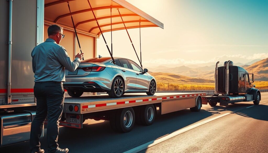 A detailed illustration of the vehicle transport process. In the foreground, a professional transporter in business attire directs a tow truck as it carefully loads a sleek sedan onto an open-air carrier. The middle ground showcases the vehicle transport truck, adorned with secure straps holding the car in place, positioned on a sunny highway. The background features a scenic landscape with rolling hills and distant mountains symbolizing the journey from Alpine TX to Los Angeles. The scene is bathed in warm, natural sunlight, lending an optimistic mood. The angle captures the depth of the transport process, emphasizing the vehicle's secure loading and the professionalism involved. No text or watermarks in the image. A detailed illustration of the vehicle transport process. In the foreground, a professional transporter in business attire directs a tow truck as it carefully loads a sleek sedan onto an open-air carrier. The middle ground showcases the vehicle transport truck, adorned with secure straps holding the car in place, positioned on a sunny highway. The background features a scenic landscape with rolling hills and distant mountains symbolizing the journey from Alpine TX to Los Angeles. The scene is bathed in warm, natural sunlight, lending an optimistic mood. The angle captures the depth of the transport process, emphasizing the vehicle's secure loading and the professionalism involved. No text or watermarks in the image.