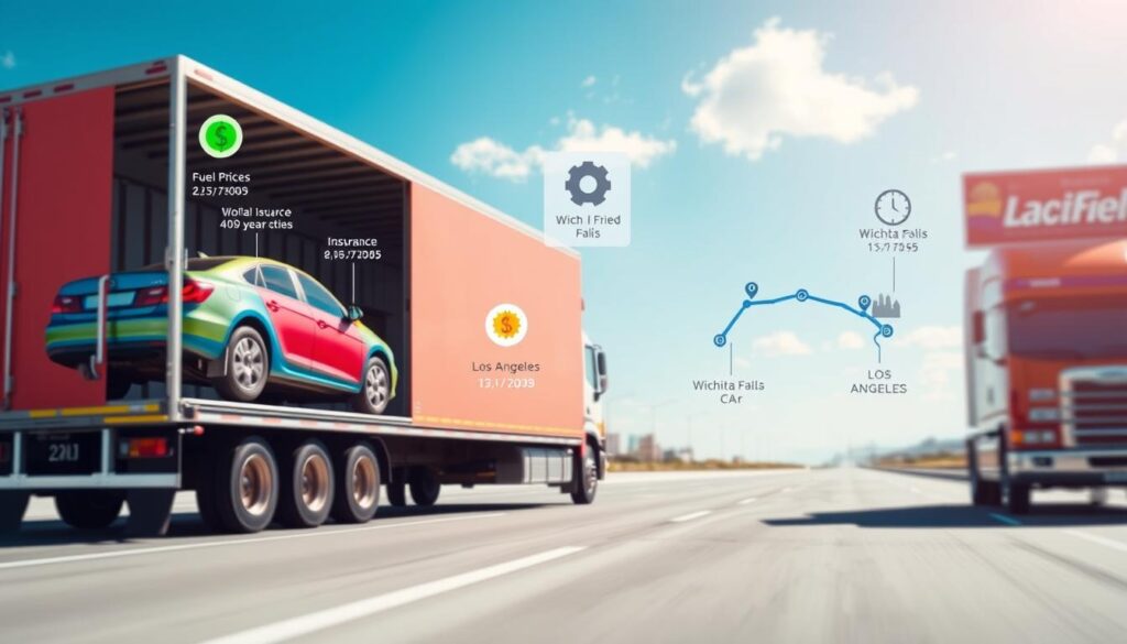 A detailed infographic-style scene depicting vehicle transport costs associated with shipping a car from Wichita Falls to Los Angeles. In the foreground, a colorful truck loading a car onto an open trailer, showcasing various cost elements like fuel prices, insurance, and maintenance expenses illustrated through small, aesthetically pleasing icons. In the middle, a clear map of the route between Wichita Falls and Los Angeles, with marked distance and estimated time, and small graphic representations of cityscapes from both locations. The background features a bright blue sky with a few clouds, suggesting a sunny day, and a faint outline of a highway. The mood is informative and professional, with bright, engaging colors to attract the reader's attention. The lighting is soft and even, emphasizing clarity and detail.