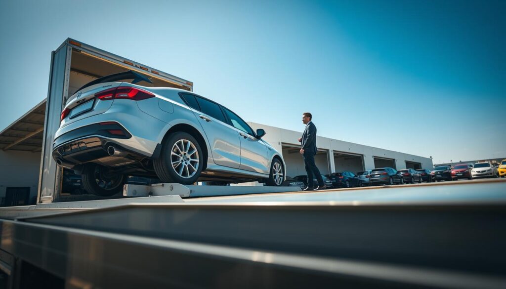 A detailed representation of the auto transport process, showcasing a flatbed truck loading a car. In the foreground, a pristine vehicle is precisely secured on the flatbed, emphasizing the careful handling of automobiles. In the middle ground, a professional in business attire oversees the loading process, ensuring everything adheres to safety protocols. The background features an expansive loading dock with various cars being readied for shipment, under a clear blue sky that conveys a sense of professionalism and reliability. The lighting is bright and natural, casting soft shadows that highlight the meticulous nature of auto transport. The angle captures the dynamic interaction between the car, the truck, and the workers, instilling a mood of efficiency and trustworthiness in the auto shipping industry. A detailed representation of the auto transport process, showcasing a flatbed truck loading a car. In the foreground, a pristine vehicle is precisely secured on the flatbed, emphasizing the careful handling of automobiles. In the middle ground, a professional in business attire oversees the loading process, ensuring everything adheres to safety protocols. The background features an expansive loading dock with various cars being readied for shipment, under a clear blue sky that conveys a sense of professionalism and reliability. The lighting is bright and natural, casting soft shadows that highlight the meticulous nature of auto transport. The angle captures the dynamic interaction between the car, the truck, and the workers, instilling a mood of efficiency and trustworthiness in the auto shipping industry.