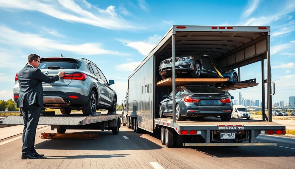 A detailed scene depicting the auto transport process during daylight. In the foreground, a professional auto transporter in business attire carefully inspects a car on an open trailer, ensuring it is securely fastened. The middle ground features a transport truck, showcasing a range of vehicles loaded safely, with a clear view of car straps and securing mechanisms. In the background, a bustling highway stretches towards a distant cityscape, symbolizing the journey from Hondo, TX to Los Angeles. The sky is bright blue with soft clouds, and natural light illuminates the scene, creating a sense of hopeful movement and efficiency. The overall atmosphere is professional, focused, and informative, ideal for illustrating the auto transport process. A detailed scene depicting the auto transport process during daylight. In the foreground, a professional auto transporter in business attire carefully inspects a car on an open trailer, ensuring it is securely fastened. The middle ground features a transport truck, showcasing a range of vehicles loaded safely, with a clear view of car straps and securing mechanisms. In the background, a bustling highway stretches towards a distant cityscape, symbolizing the journey from Hondo, TX to Los Angeles. The sky is bright blue with soft clouds, and natural light illuminates the scene, creating a sense of hopeful movement and efficiency. The overall atmosphere is professional, focused, and informative, ideal for illustrating the auto transport process.