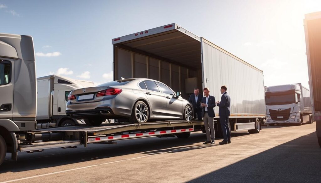 A detailed scene depicting the auto transport process in a logistics yard. In the foreground, a well-maintained open car carrier truck is unloading a sleek sedan, showcasing the care taken in vehicle handling. In the middle ground, a team of professionals in smart casual attire is discussing the transport details while inspecting another vehicle, highlighting teamwork and reliability. The background features a bright, sunny day with clear skies, emphasizing a sense of trust and transparency in the process. Soft shadows cast by the trucks create depth. The image is shot from a slightly elevated angle, giving a comprehensive view of the operation, with natural lighting to evoke a professional, trustworthy atmosphere.