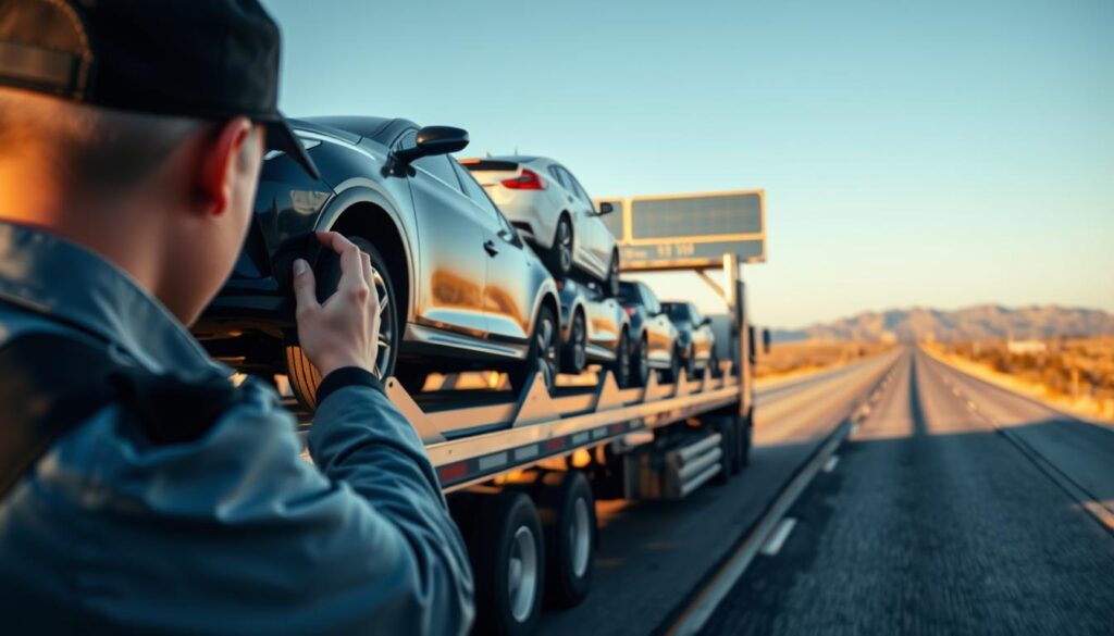 A detailed scene depicting the auto transport process: in the foreground, a professional driver wearing a uniform carefully inspects a car on a trailer, ensuring safety and precision. In the middle ground, multiple vehicles are lined up on a modern car carrier truck, showcasing various makes and models ready for transport. The background features a clear highway stretching towards Los Angeles with desert landscapes and distant mountains under a bright blue sky. Soft evening light casts warm shadows, creating a calm and efficient atmosphere. The shot is taken from a slightly elevated angle, highlighting the organized and methodical nature of the transport process, with an emphasis on professionalism and care in vehicle handling.