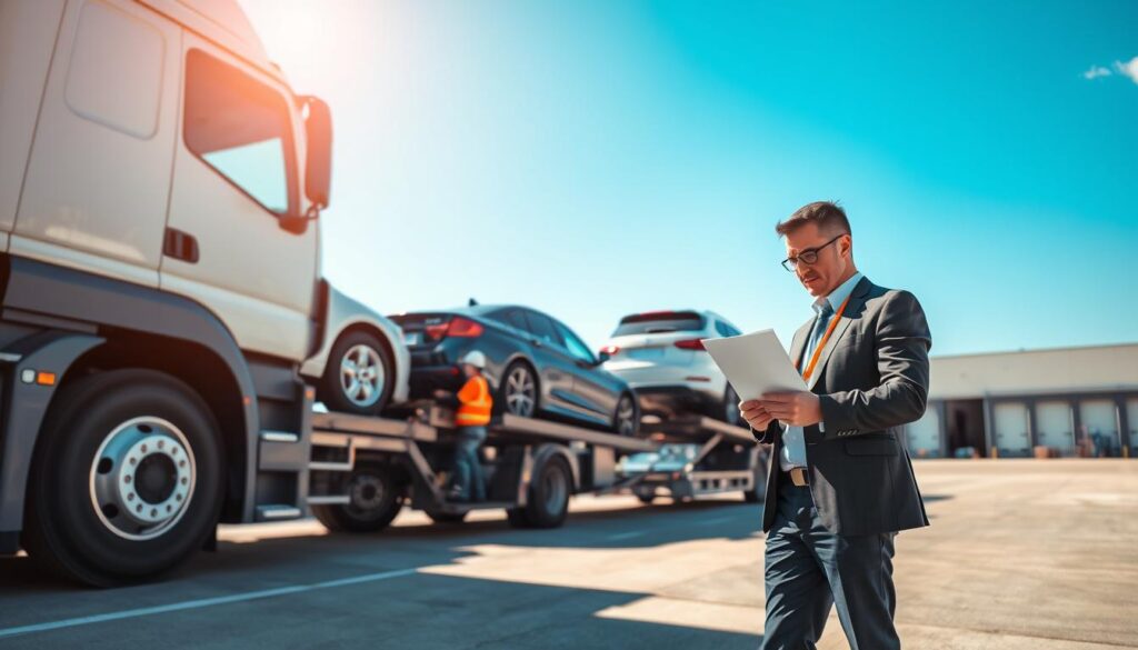 A detailed scene depicting the vehicle transport process, showcasing a large car carrier truck on a sunny day, parked in a logistics yard. In the foreground, a professional in business attire examines paperwork, standing near the truck. The middle ground features several cars being loaded onto the carrier by a worker in safety gear, emphasizing safety and efficiency. In the background, an expansive warehouse and clear blue sky enhance the industrious atmosphere. The lighting is bright and natural, casting soft shadows and highlighting the vibrant colors of the vehicles. The angle captures the dynamic action of loading while providing a clear sense of organization in the transport process. The mood is professional and methodical, conveying reliability and trust in the vehicle shipping service.