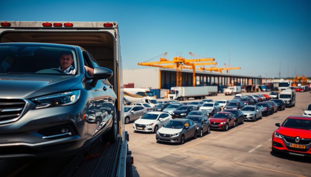 A detailed scene depicting the vehicle transport process. In the foreground, a car being loaded onto a transport truck, with an experienced driver wearing a professional uniform, carefully securing the vehicle. In the middle ground, the transport truck is surrounded by various cars prepared for shipping, lined up sequentially. In the background, a shipping yard filled with logistics infrastructure and additional transport vehicles under a clear blue sky. The setting is well-lit, capturing a vibrant atmosphere of efficiency and professionalism, emphasizing the streamlined operation. The camera angle is slightly elevated, showcasing the entire transport process in action, with soft natural lighting to enhance the clarity and focus of the scene. A detailed scene depicting the vehicle transport process. In the foreground, a car being loaded onto a transport truck, with an experienced driver wearing a professional uniform, carefully securing the vehicle. In the middle ground, the transport truck is surrounded by various cars prepared for shipping, lined up sequentially. In the background, a shipping yard filled with logistics infrastructure and additional transport vehicles under a clear blue sky. The setting is well-lit, capturing a vibrant atmosphere of efficiency and professionalism, emphasizing the streamlined operation. The camera angle is slightly elevated, showcasing the entire transport process in action, with soft natural lighting to enhance the clarity and focus of the scene.