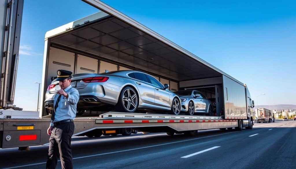 A detailed scene illustrating the auto transport process, featuring a spacious, modern auto transport truck unloading vehicles under a clear blue sky. In the foreground, a professional driver in a neat uniform is inspecting a luxury car as it rolls off the ramp. The middle ground captures the transport truck, showcasing multiple cars securely loaded and strapped down. The background includes a smooth, paved road with a hint of urban elements in the distance, illustrating the journey from Coppell, TX to Los Angeles. The scene is well-lit, with soft sunlight casting subtle shadows, enhancing the vibrant colors of the vehicles. The atmosphere is focused and professional, conveying efficiency and reliability in the car shipping process. A detailed scene illustrating the auto transport process, featuring a spacious, modern auto transport truck unloading vehicles under a clear blue sky. In the foreground, a professional driver in a neat uniform is inspecting a luxury car as it rolls off the ramp. The middle ground captures the transport truck, showcasing multiple cars securely loaded and strapped down. The background includes a smooth, paved road with a hint of urban elements in the distance, illustrating the journey from Coppell, TX to Los Angeles. The scene is well-lit, with soft sunlight casting subtle shadows, enhancing the vibrant colors of the vehicles. The atmosphere is focused and professional, conveying efficiency and reliability in the car shipping process.