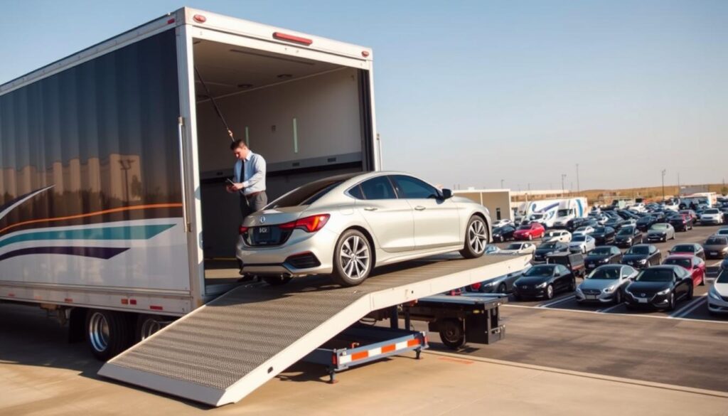 A detailed scene illustrating the auto transport process, showcasing a car transport truck loading vehicles. In the foreground, a professional driver in a business-casual outfit is securing a luxury sedan onto the hydraulic ramp of a modern car carrier. The middle ground features the transport truck, displaying its vibrant colors and clear branding, parked at a transport terminal in Plainview, Texas. In the background, a clear blue sky contrasts with a well-organized lot filled with various vehicles awaiting shipping towards Los Angeles. Soft natural lighting illuminates the scene, creating a clean and efficient atmosphere, capturing the essence of reliability and professionalism in car shipping services. The angle should be slightly elevated to provide a comprehensive view of the entire process. A detailed scene illustrating the auto transport process, showcasing a car transport truck loading vehicles. In the foreground, a professional driver in a business-casual outfit is securing a luxury sedan onto the hydraulic ramp of a modern car carrier. The middle ground features the transport truck, displaying its vibrant colors and clear branding, parked at a transport terminal in Plainview, Texas. In the background, a clear blue sky contrasts with a well-organized lot filled with various vehicles awaiting shipping towards Los Angeles. Soft natural lighting illuminates the scene, creating a clean and efficient atmosphere, capturing the essence of reliability and professionalism in car shipping services. The angle should be slightly elevated to provide a comprehensive view of the entire process.