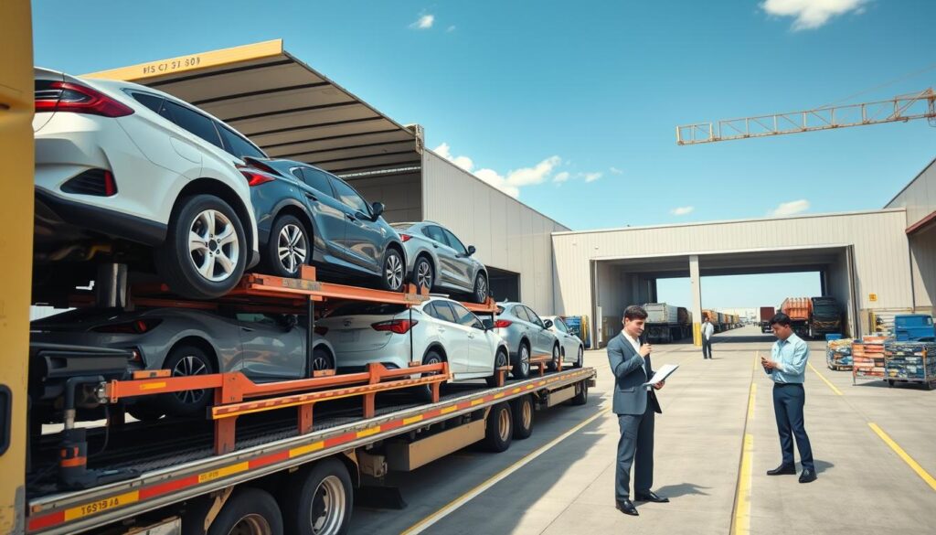 A detailed scene showcasing the vehicle transport process, depicting a professional car shipping operation. In the foreground, a transport truck loaded with cars, showcasing neat rows of vehicles secured safely on the ramp. The middle ground features a busy logistics hub with workers in professional attire coordinating vehicle movements, examining paperwork, and communicating via radio. In the background, a clear blue sky with a bustling warehouse that has large doors open, revealing an efficient workflow. The lighting is bright and natural, portraying a productive atmosphere. The camera angle captures the scene slightly from above, providing a comprehensive view of the transport operation, emphasizing both efficiency and professionalism in vehicle shipping.