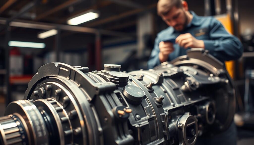 A detailed view of a car transmission system, prominently displayed in the foreground, showcasing intricate gears and components with a polished metallic finish. In the middle ground, a hands-on mechanic in professional attire examines the transmission, tools in hand, highlighting the expertise involved in repair. The background features a dimly lit garage with soft light casting shadows, enhancing the atmosphere of a professional repair environment. The depth of field creates a slight blur on the background, drawing focus to the transmission and mechanic. The lighting is warm and inviting, suggesting a sense of diligence and craftsmanship. The overall mood is one of focus and clarity, emphasizing the importance of the transmission in vehicle operations and repair.