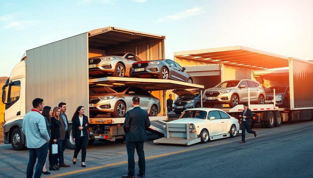 A detailed view of a reliable car shipping service scene. In the foreground, a professional, diverse group of individuals in business attire discusses logistics beside a sleek, modern transport truck loaded with cars ready for shipment. The middle ground features a dynamic loading dock scene, where additional vehicles are being carefully loaded onto trailers under the watchful eye of experienced staff. In the background, a clear blue sky stretches over the landscape, symbolizing reliability and openness. Soft sunlight casts a warm glow, creating an atmosphere of trust and professionalism. The perspective should be slightly elevated, providing a comprehensive view of the operations while ensuring the focus remains on the seamless car shipping process.