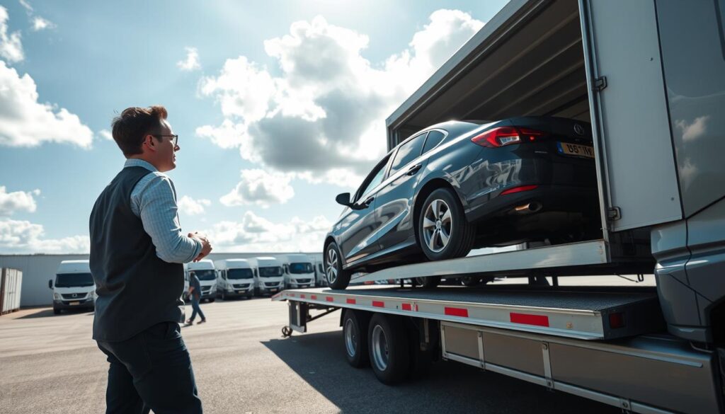 A detailed view of a vehicle transport process, showcasing a car being loaded onto a flatbed truck in a transport yard. In the foreground, a professional employee in smart casual attire guides the car onto the truck with precision. In the middle ground, multiple vehicles are parked, highlighting the organized workflow of the transport service. The background features a bright blue sky with fluffy white clouds, casting soft, natural light on the scene, enhancing the feeling of reliability and efficiency. Capture the image from a slightly elevated angle to emphasize the loading process, creating a dynamic perspective that illustrates movement and professionalism. The atmosphere should feel trustworthy and efficient, encapsulating the essence of a reliable vehicle transport service.