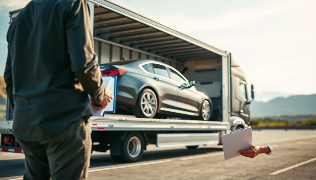 A detailed visual representation of a vehicle transport process showing a car loading onto a transport truck. In the foreground, a professional business person in modest casual clothing oversees the loading, with a clipboard in hand, ensuring everything is in order. The middle layer features a sleek, modern transport truck, equipped with a hydraulic ramp, with a shiny sedan being carefully positioned onto the trailer. The background showcases an open loading facility with clear skies, reflecting a sunny day, and distant hills, adding depth. Utilize soft, natural lighting to create a welcoming atmosphere, captured from a slightly low angle to emphasize the vehicle and the loading process, giving a sense of action and efficiency in the transport industry.