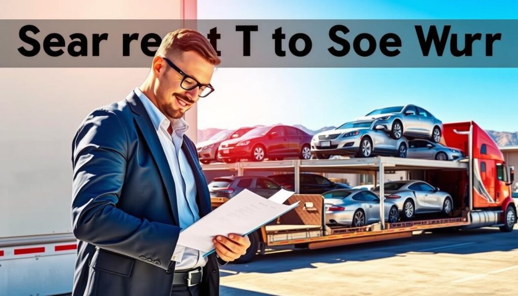 A dynamic and informative illustration of the vehicle transport process in a bustling transport yard. In the foreground, a friendly professional vehicle transport agent in business attire is discussing logistics with a customer, examining shipping documents. In the middle ground, a multi-level transport truck is loading cars securely, showcasing a variety of vehicles ranging from compact cars to SUVs, suggesting a diverse shipping service. The background features a clear blue sky, with distant mountains framing the transport yard, enhancing the sense of location from Sherman TX to Los Angeles. Bright sunlight casts realistic shadows, providing depth. This scene captures the essence of reliable and friendly service in vehicle shipping, highlighting a smooth and organized transport process.