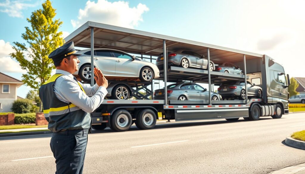 A dynamic auto transport scene illustrating the process of car shipping. In the foreground, a professional driver in a neat uniform inspects a car being loaded onto a modern car carrier truck. In the middle ground, the truck is positioned on a clean suburban street, with several well-maintained cars visible on its multiple tiers. The background features a sunny sky with a few fluffy clouds, giving a sense of a clear and pleasant day. The lighting is bright, emphasizing the shiny surfaces of the vehicles and providing a sense of security and reliability. The overall mood is efficient and organized, representing a seamless auto transport operation, ideal for showcasing the auto transport logistics.
