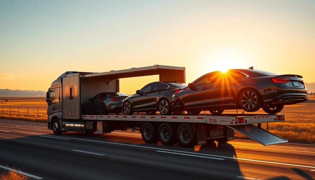 A dynamic car shipping scene showcasing a transport truck carrying several cars, including a sleek sedan and a luxury SUV. In the foreground, the truck is parked on an open highway with the Texas plains visible on one side, the sun setting behind it, casting golden orange hues across the sky. The middle ground features the truck's ramp lowered as a car is being loaded, showcasing the careful handling and professionalism of the operation. In the background, distant mountains of Los Angeles can be seen, hinting at the destination. The lighting is warm and inviting, with a focus on the reflective surfaces of the cars, highlighting their features. The atmosphere conveys a sense of reliability and efficiency in the shipping process, emphasizing the theme of safe and fast transportation. A dynamic car shipping scene showcasing a transport truck carrying several cars, including a sleek sedan and a luxury SUV. In the foreground, the truck is parked on an open highway with the Texas plains visible on one side, the sun setting behind it, casting golden orange hues across the sky. The middle ground features the truck's ramp lowered as a car is being loaded, showcasing the careful handling and professionalism of the operation. In the background, distant mountains of Los Angeles can be seen, hinting at the destination. The lighting is warm and inviting, with a focus on the reflective surfaces of the cars, highlighting their features. The atmosphere conveys a sense of reliability and efficiency in the shipping process, emphasizing the theme of safe and fast transportation.
