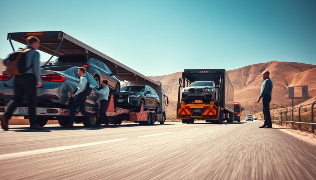 A dynamic scene capturing the vehicle transport process, focused on a modern car carrier truck loaded with various vehicles, showcasing a sleek sedan and a compact SUV. In the foreground, workers in professional attire are inspecting the vehicles, ensuring safety and proper loading techniques. In the middle, the truck drives along a highway, with rolling hills and a bright blue sky in the background. The lighting is warm and natural, suggesting a sunny day, enhancing the vibrant colors of the vehicles and the truck. The angle is slightly elevated, providing a clear view of the transport process. The atmosphere is efficient and professional, reflecting a reliable service in motion while emphasizing the journey from North Richland Hills to Los Angeles.