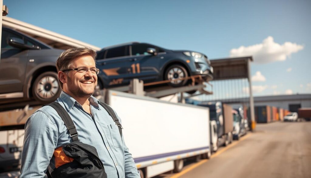 A dynamic scene capturing the vehicle transport process, set in a well-lit, bustling auto shipping yard during the day. In the foreground, a friendly truck driver in smart casual attire inspects a loaded car on a transport truck, highlighting the attention to detail and care involved in shipping. The middle ground features multiple transport trucks lined up, some loading and unloading vehicles, showcasing the organized logistics of car shipping. In the background, clear blue skies contrast with a few fluffy clouds, while distant transport containers and a warehouse give context to the setting, emphasizing a professional environment. The image should exude a feeling of reliability and efficiency, with warm sunlight illuminating the scene, creating an inviting atmosphere that reflects excellent customer service. A dynamic scene capturing the vehicle transport process, set in a well-lit, bustling auto shipping yard during the day. In the foreground, a friendly truck driver in smart casual attire inspects a loaded car on a transport truck, highlighting the attention to detail and care involved in shipping. The middle ground features multiple transport trucks lined up, some loading and unloading vehicles, showcasing the organized logistics of car shipping. In the background, clear blue skies contrast with a few fluffy clouds, while distant transport containers and a warehouse give context to the setting, emphasizing a professional environment. The image should exude a feeling of reliability and efficiency, with warm sunlight illuminating the scene, creating an inviting atmosphere that reflects excellent customer service.