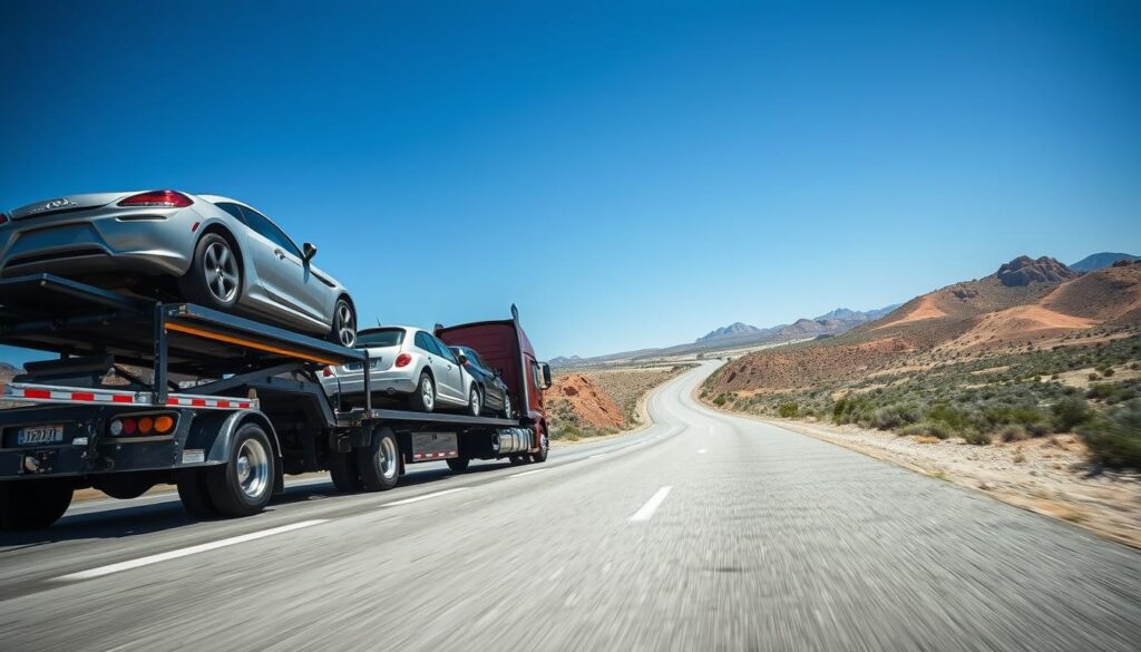 A dynamic scene depicting an auto transport truck loaded with several cars, showcasing efficient vehicle shipping from Kingsville, TX to Los Angeles. In the foreground, the truck shines under bright sunlight, emphasizing its robust design and detailed features. The midway point reveals a scenic highway winding through arid Texas landscapes, dotted with sagebrush and distant mountains, conveying a sense of journey. In the background, a clear blue sky enhances the atmosphere of reliability and professionalism. The angle should capture the truck in a diagonal perspective to convey motion. The overall mood is one of trust and efficiency, making it an ideal visual representation of a dependable car shipping service. No text or branding elements appear in the image. A dynamic scene depicting an auto transport truck loaded with several cars, showcasing efficient vehicle shipping from Kingsville, TX to Los Angeles. In the foreground, the truck shines under bright sunlight, emphasizing its robust design and detailed features. The midway point reveals a scenic highway winding through arid Texas landscapes, dotted with sagebrush and distant mountains, conveying a sense of journey. In the background, a clear blue sky enhances the atmosphere of reliability and professionalism. The angle should capture the truck in a diagonal perspective to convey motion. The overall mood is one of trust and efficiency, making it an ideal visual representation of a dependable car shipping service. No text or branding elements appear in the image.